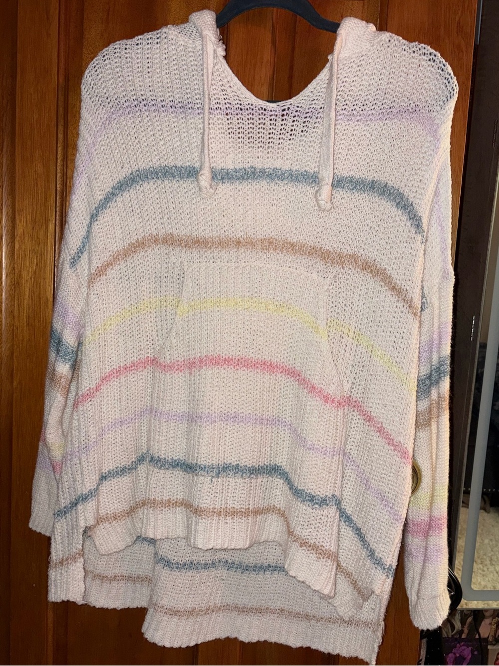 Women’s Hooded Knit Sweater - Pastel Stripe